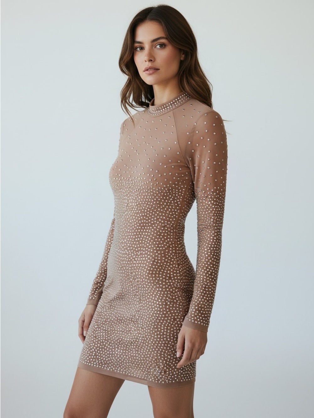 Crystal-Embellished Long-Sleeve Mini Dress in Tan